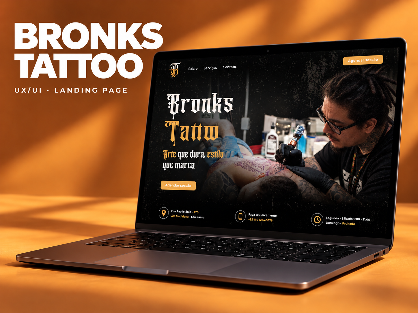 Landing page do Bronks Tattoo em um laptop sobre fundo âmbar.