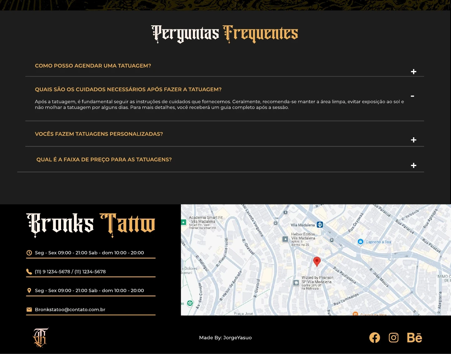 Perguntas frequentes seguidas das informações de contato e mapa do estúdio.