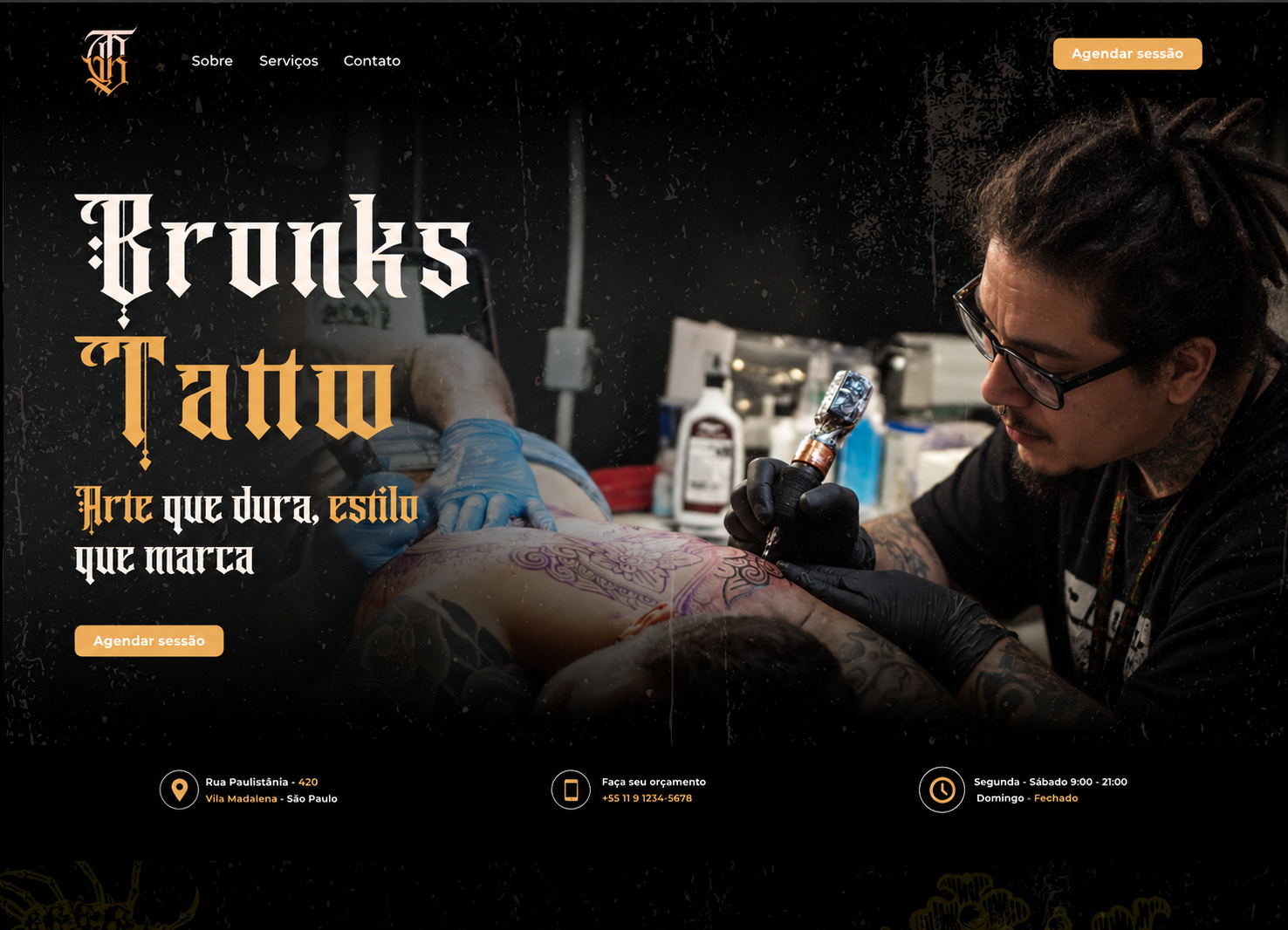 Hero com cena ilustrativa de Eduardo tatuando, criada a partir do seu retrato, e botão de agendamento.
