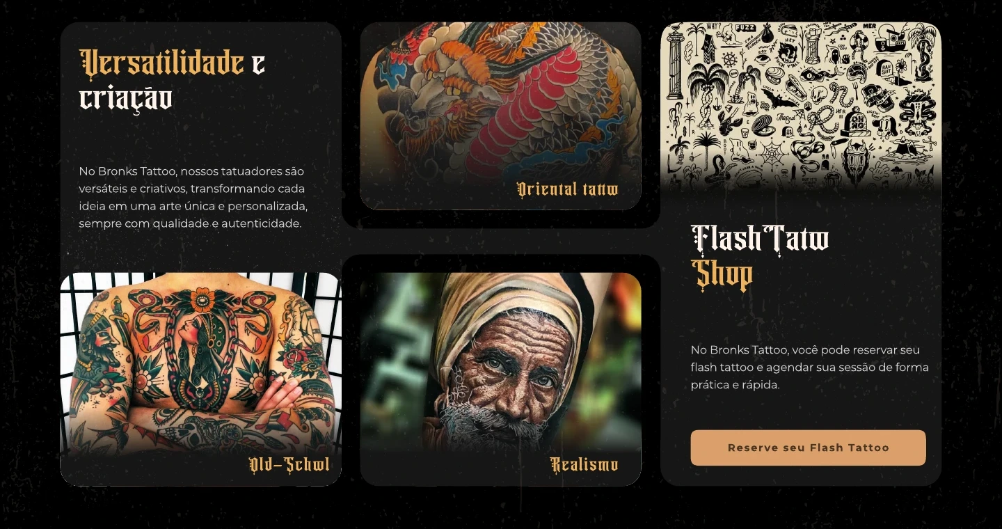 Seção de estilos com fotografias de tatuagens e chamada para reservar um Flash Tattoo.