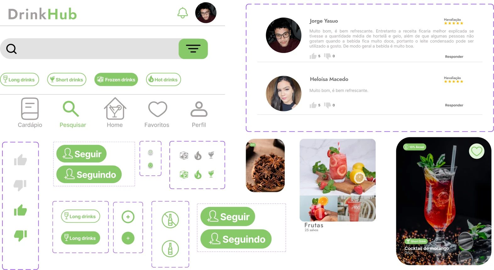 Componentes originais: busca, navegação, filtros, cards, comentários e estados de botões.
