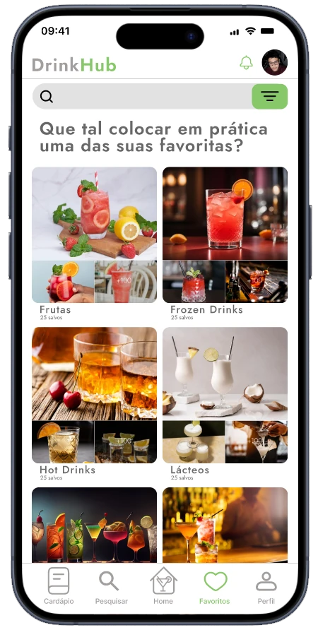 Favoritos organizados em coleções de frutas, frozen drinks, hot drinks e lácteos.