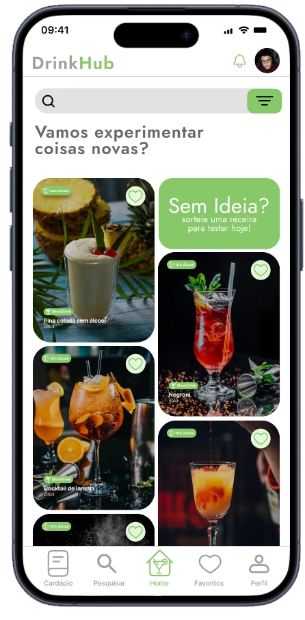 Home do DrinkHub, com receitas e sugestão de drink.