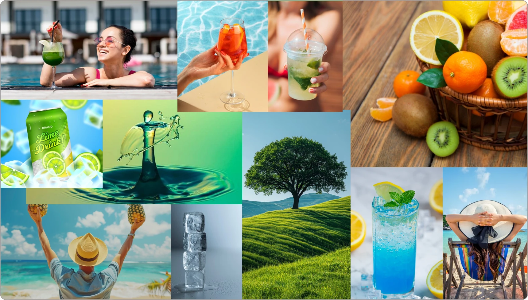 Moodboard original com frutas cítricas, drinks, água, gelo e paisagens verdes.