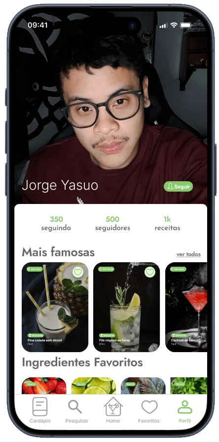 Perfil de Jorge Yasuo no protótipo, com receitas e ingredientes favoritos.