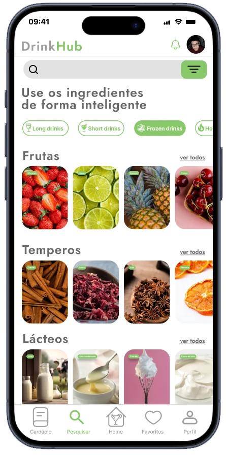 Pesquisa de ingredientes por frutas, temperos e lácteos.