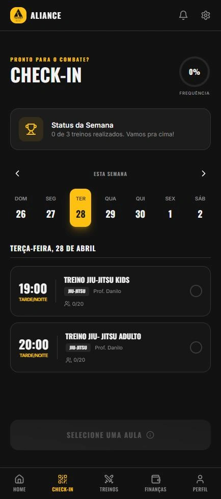 Aulas do dia e confirmação de presença.