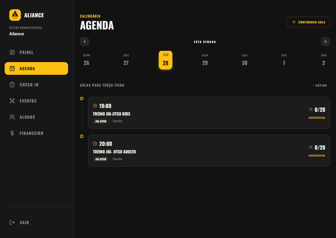 Agenda da academia e aulas programadas.