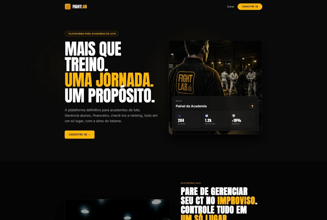 Abertura da landing page original do FightLab, com a proposta de uma jornada no tatame.