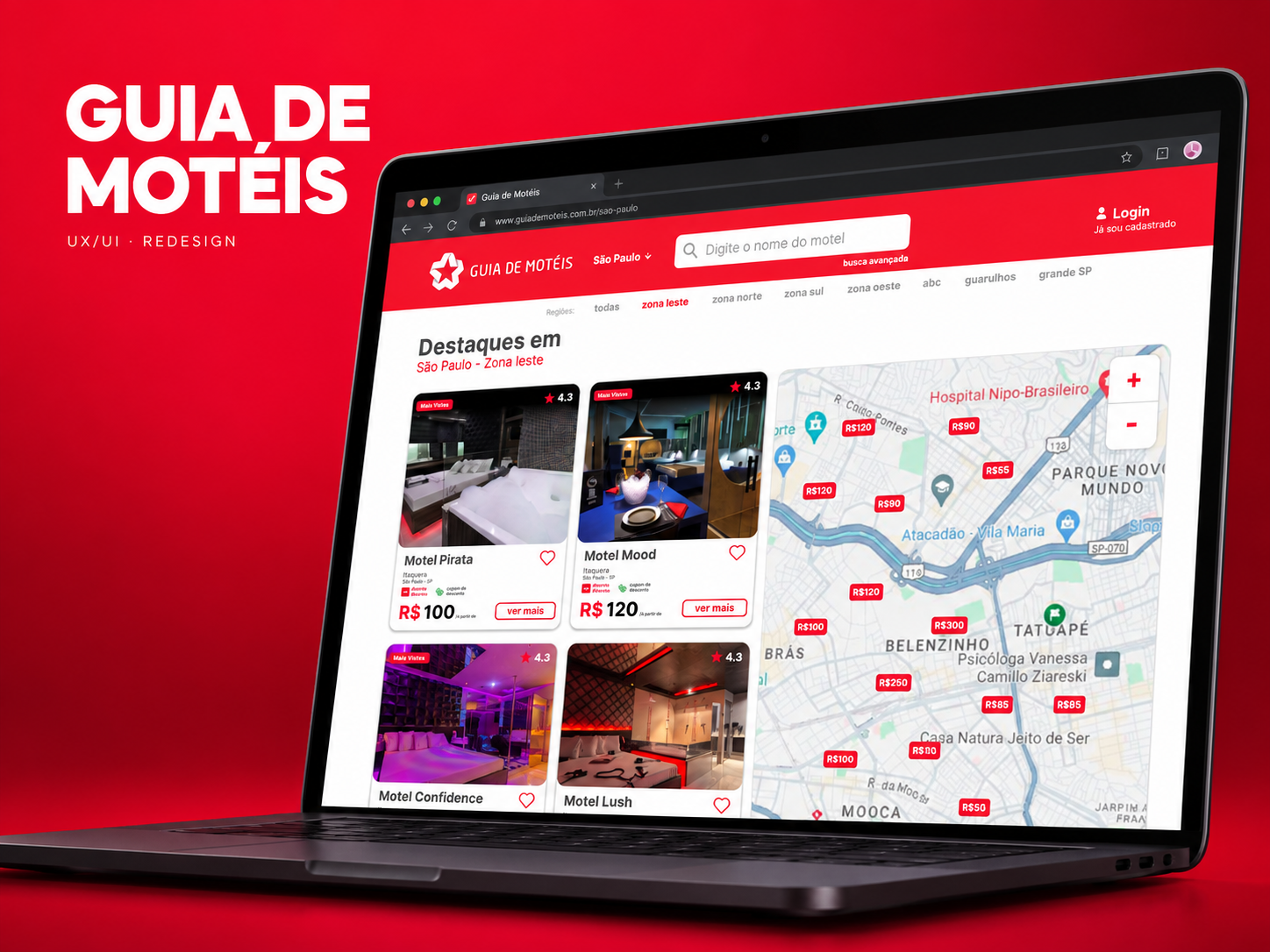 Capa do Guia de Motéis: mockup da busca por região sobre fundo vermelho.