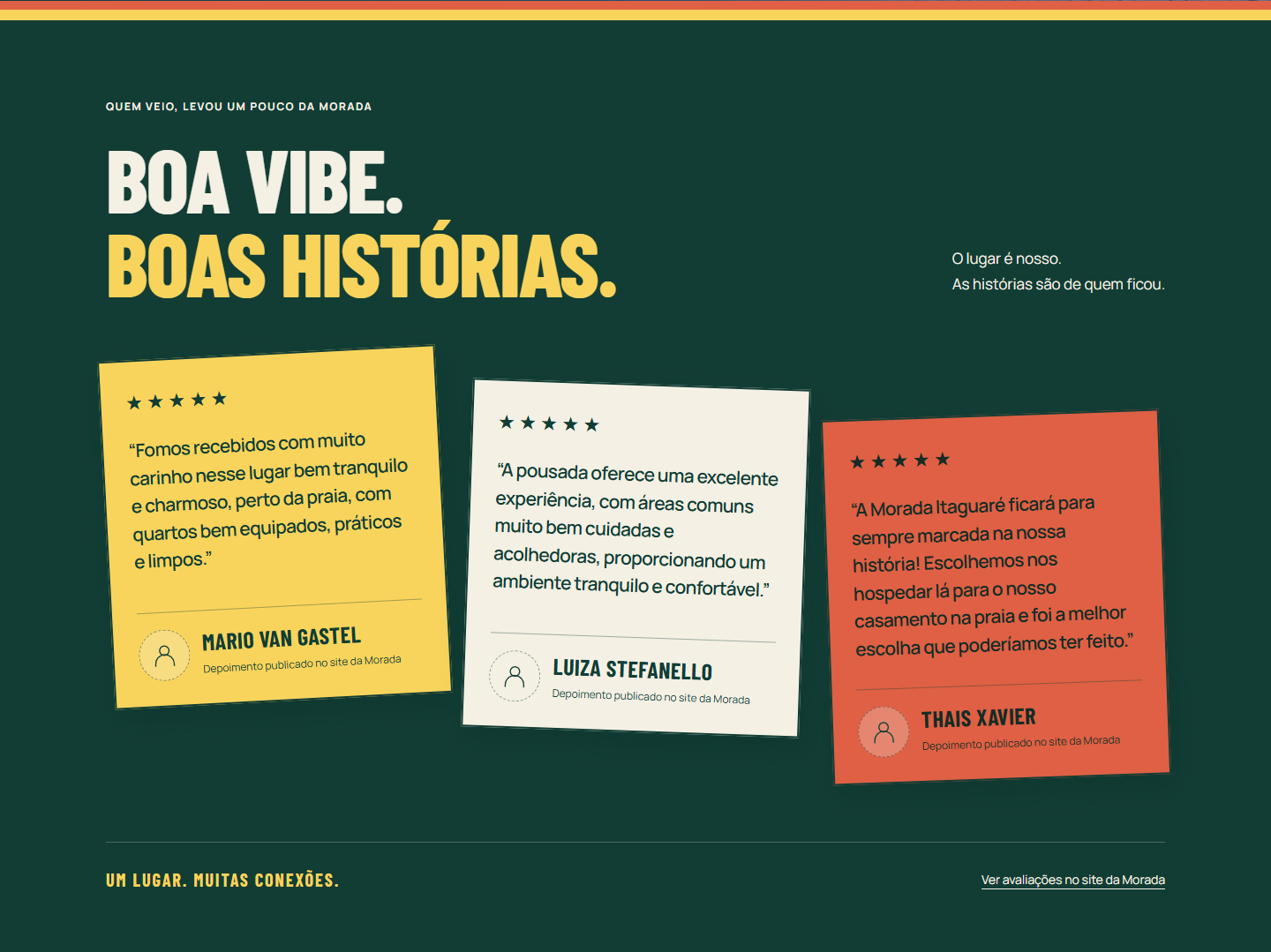 Blocos de depoimentos com diferentes cores de apoio e textos completos.