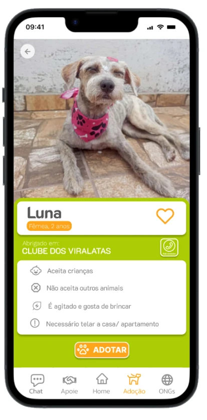 Perfil original da Luna com informações de convivência e ação Adotar.