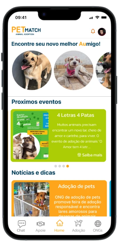 Home original do PetMatch com animais, eventos e notícias.