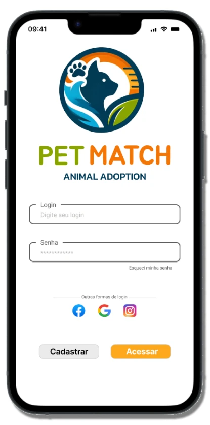 Login com identidade PetMatch, campos de acesso, cadastro e opções sociais.