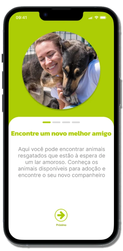 Onboarding com fotografia de mulher e cachorro e explicação da proposta de adoção.