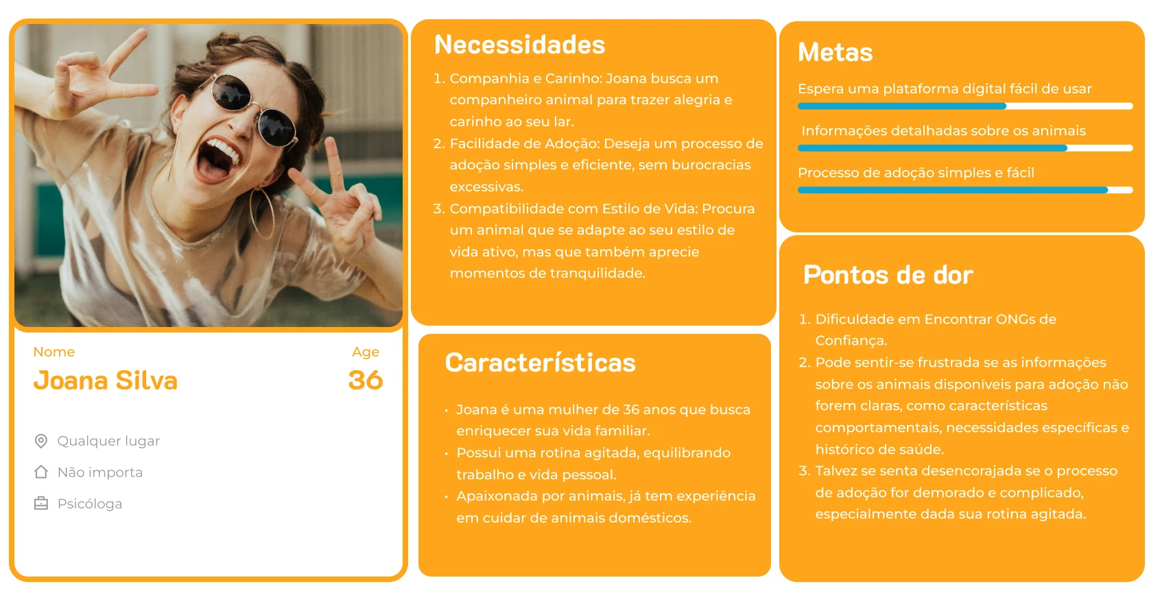 Persona Joana Silva, 36 anos, com necessidades, metas e pontos de dor na adoção.