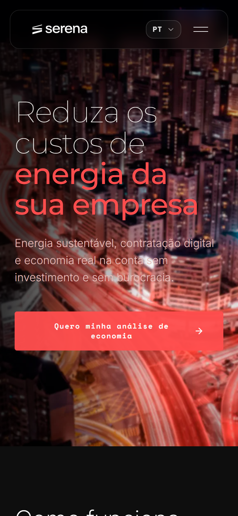 Comprar energia na largura de celular, com menu compacto e conteúdo reorganizado