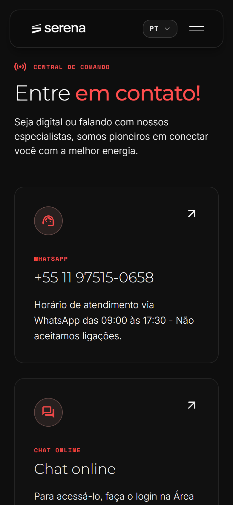 Contato na largura de celular, com menu compacto e conteúdo reorganizado