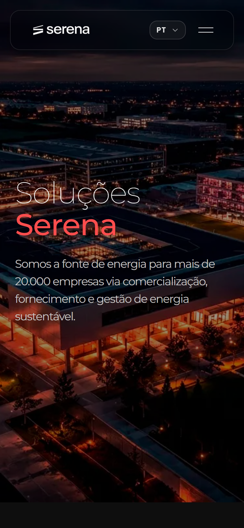 Soluções na largura de celular, com menu compacto e conteúdo reorganizado