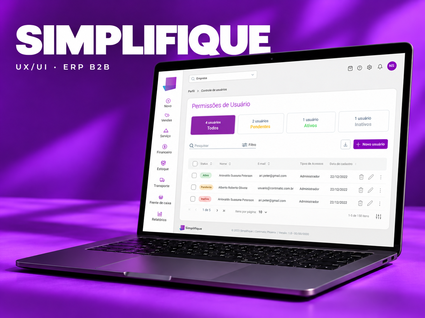 Simplifique: interface de permissões de usuário em um laptop sobre fundo roxo, no padrão das capas do portfólio.