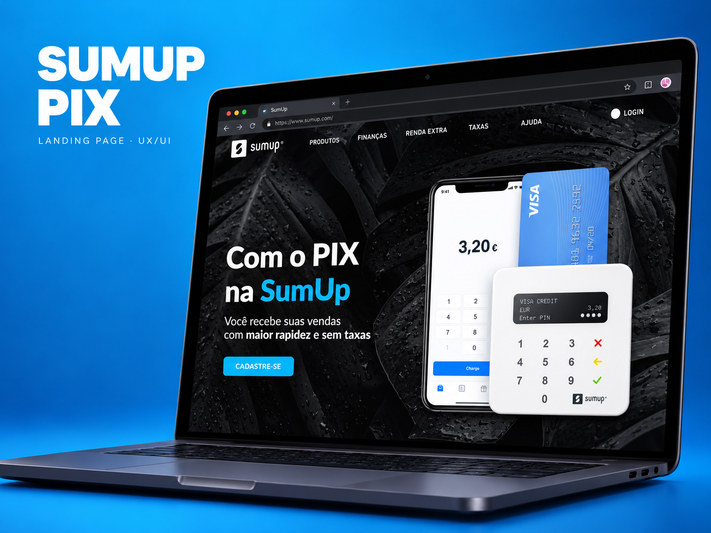 SumUp Pix: capa azul com a landing page em um notebook.