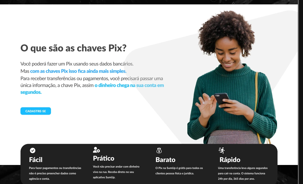Seção original com explicação de chaves Pix, fotografia e faixa de benefícios.