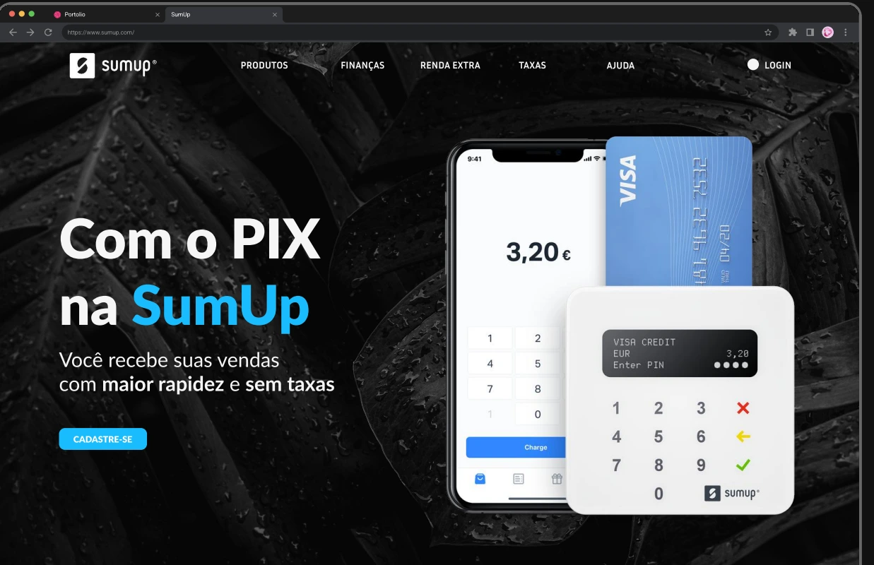 Hero original com fundo escuro, título sobre Pix, produtos SumUp e botão de cadastro.
