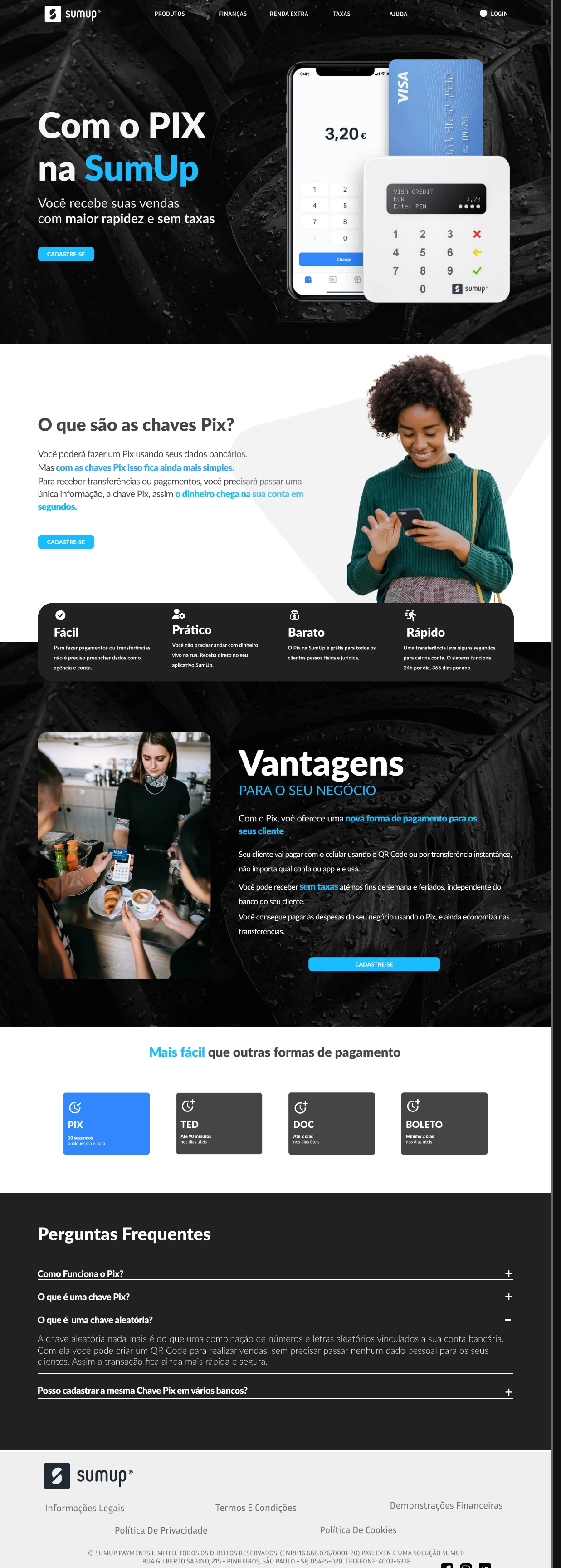 Landing page completa da proposta SumUp Pix: abertura, explicação das chaves Pix, benefícios, vantagens para o negócio, comparativo de pagamentos, perguntas frequentes e rodapé.
