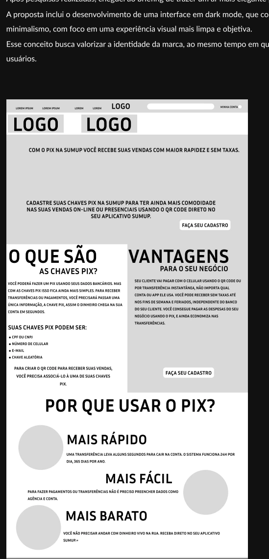 Dois wireframes com hero, explicação das chaves Pix, vantagens, comparativo e perguntas frequentes.